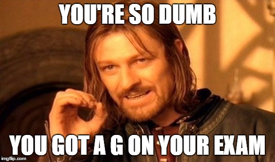 One Does Not Simply | YOU'RE SO DUMB; YOU GOT A G ON YOUR EXAM | image tagged in memes,one does not simply | made w/ Imgflip meme maker
