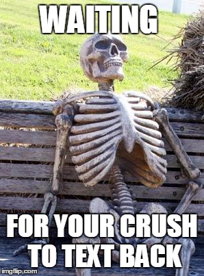 Waiting Skeleton | WAITING; FOR YOUR CRUSH TO TEXT BACK | image tagged in memes,waiting skeleton | made w/ Imgflip meme maker