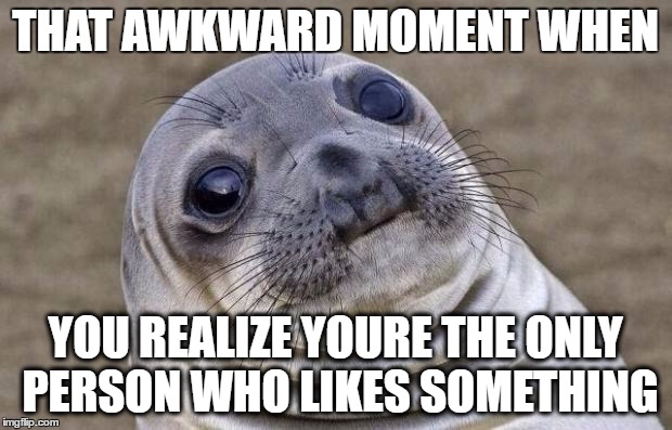 Awkward Moment Sealion Meme | THAT AWKWARD MOMENT WHEN; YOU REALIZE YOURE THE ONLY PERSON WHO LIKES SOMETHING | image tagged in memes,awkward moment sealion | made w/ Imgflip meme maker