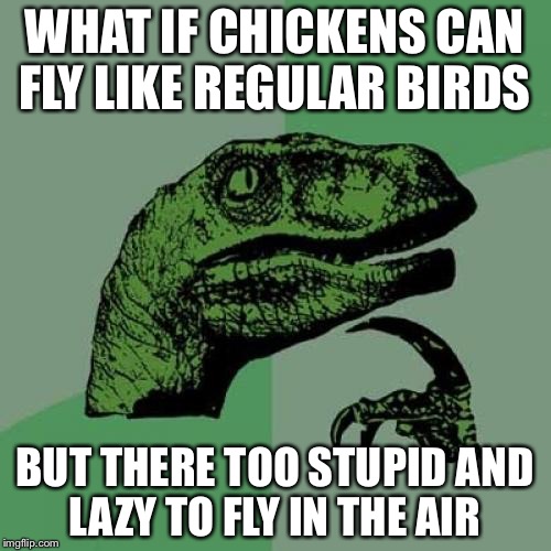 Philosoraptor Meme | WHAT IF CHICKENS CAN FLY LIKE REGULAR BIRDS; BUT THERE TOO STUPID AND LAZY TO FLY IN THE AIR | image tagged in memes,philosoraptor | made w/ Imgflip meme maker