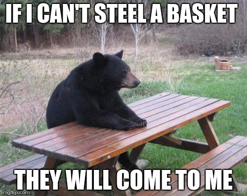 Bad Luck Bear | IF I CAN'T STEEL A BASKET; THEY WILL COME TO ME | image tagged in memes,bad luck bear | made w/ Imgflip meme maker