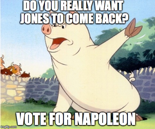 Animal Farm Pig | DO YOU REALLY WANT JONES TO COME BACK? VOTE FOR NAPOLEON | image tagged in animal farm pig | made w/ Imgflip meme maker