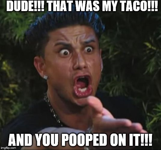 DJ Pauly D | DUDE!!! THAT WAS MY TACO!!! AND YOU POOPED ON IT!!! | image tagged in memes,dj pauly d | made w/ Imgflip meme maker
