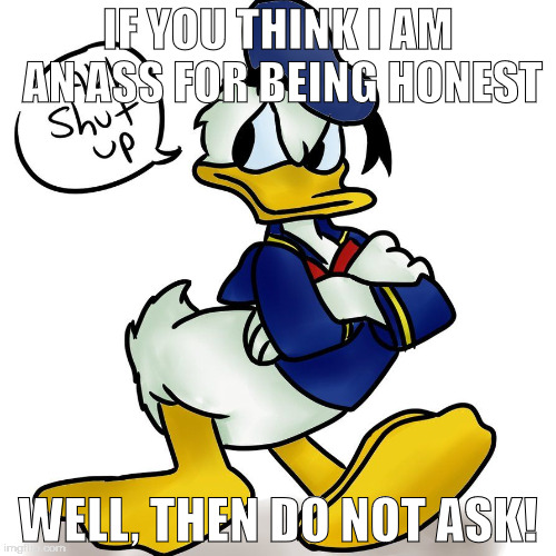 Donald Duck | IF YOU THINK I AM AN ASS FOR BEING HONEST; WELL, THEN DO NOT ASK! | image tagged in donald duck | made w/ Imgflip meme maker