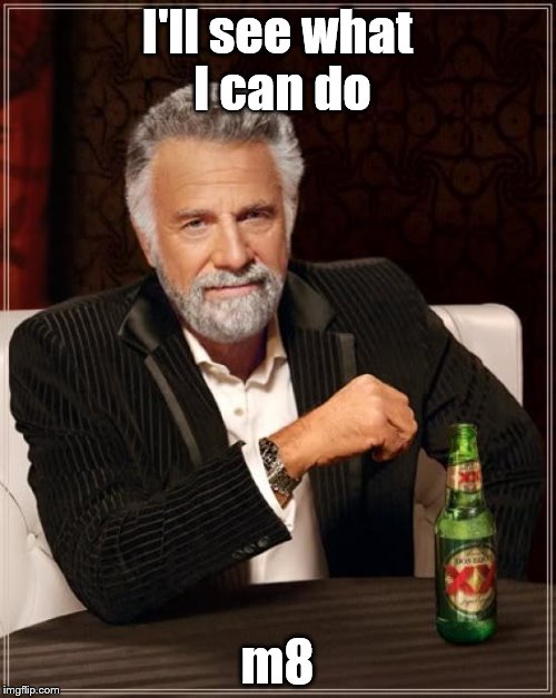 The Most Interesting Man In The World Meme | I'll see what I can do m8 | image tagged in memes,the most interesting man in the world | made w/ Imgflip meme maker
