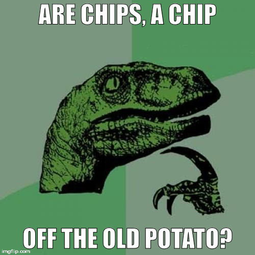 Philosoraptor | ARE CHIPS, A CHIP; OFF THE OLD POTATO? | image tagged in memes,philosoraptor | made w/ Imgflip meme maker