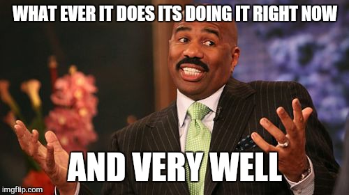 Steve Harvey Meme | WHAT EVER IT DOES ITS DOING IT RIGHT NOW AND VERY WELL | image tagged in memes,steve harvey | made w/ Imgflip meme maker