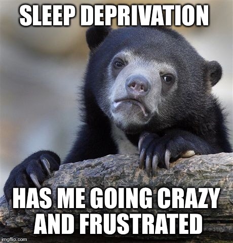 Confession Bear Meme | SLEEP DEPRIVATION HAS ME GOING CRAZY AND FRUSTRATED | image tagged in memes,confession bear | made w/ Imgflip meme maker