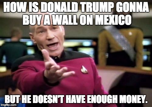 Picard Wtf | HOW IS DONALD TRUMP GONNA BUY A WALL ON MEXICO; BUT HE DOESN'T HAVE ENOUGH MONEY. | image tagged in memes,picard wtf | made w/ Imgflip meme maker