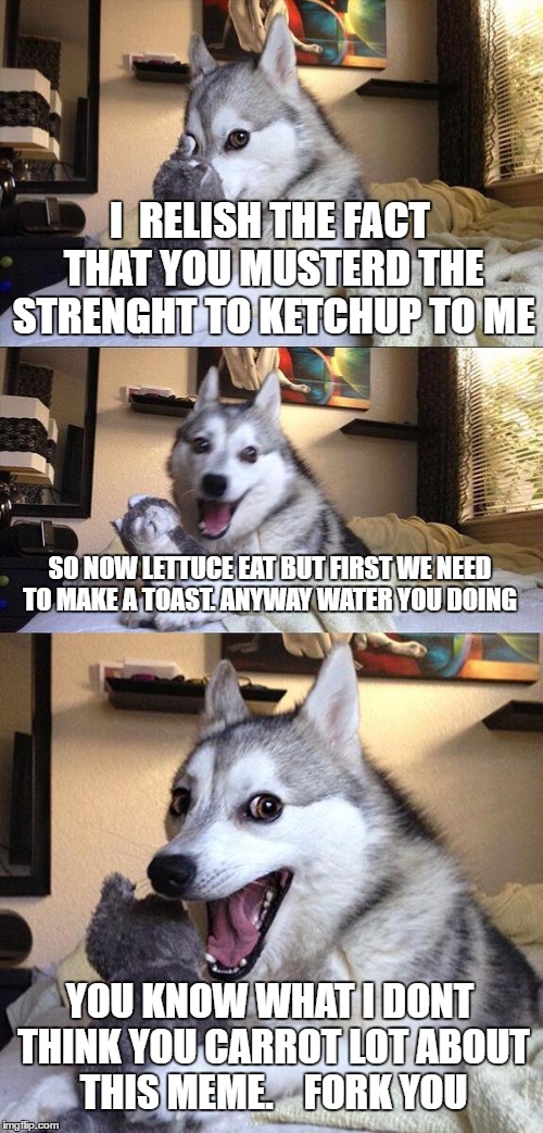 Bad Pun Dog | I  RELISH THE FACT THAT YOU MUSTERD THE STRENGHT TO KETCHUP TO ME; SO NOW LETTUCE EAT BUT FIRST WE NEED TO MAKE A TOAST. ANYWAY WATER YOU DOING; YOU KNOW WHAT I DONT THINK YOU CARROT LOT ABOUT THIS MEME.    FORK YOU | image tagged in memes,bad pun dog | made w/ Imgflip meme maker