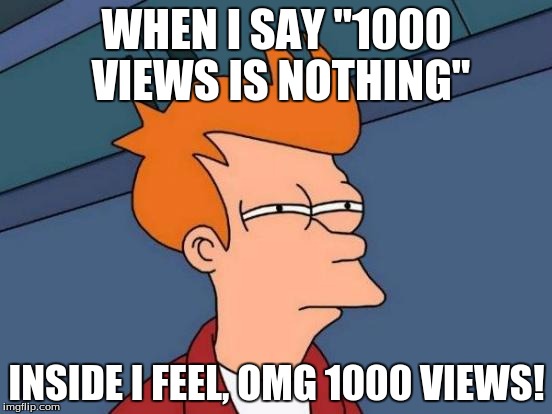 Futurama Fry | WHEN I SAY "1000 VIEWS IS NOTHING"; INSIDE I FEEL, OMG 1000 VIEWS! | image tagged in memes,futurama fry | made w/ Imgflip meme maker