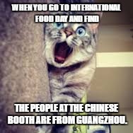 Scared cat | WHEN YOU GO TO INTERNATIONAL FOOD DAY AND FIND; THE PEOPLE AT THE CHINESE BOOTH ARE FROM GUANGZHOU. | image tagged in international food,cat | made w/ Imgflip meme maker