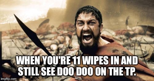 Sparta Leonidas | WHEN YOU'RE 11 WIPES IN AND STILL SEE DOO DOO ON THE TP. | image tagged in memes,sparta leonidas | made w/ Imgflip meme maker