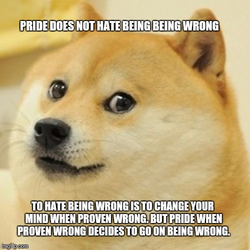 Wise doge  | PRIDE DOES NOT HATE BEING BEING WRONG; TO HATE BEING WRONG IS TO CHANGE YOUR MIND WHEN PROVEN WRONG. BUT PRIDE WHEN PROVEN WRONG DECIDES TO GO ON BEING WRONG. | image tagged in memes,doge | made w/ Imgflip meme maker