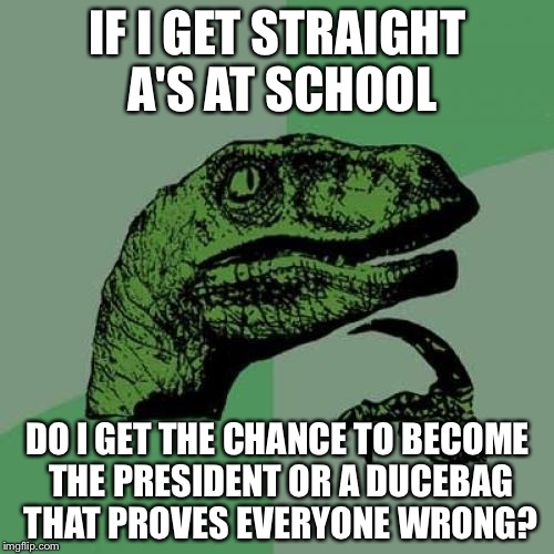 Philosoraptor Meme | IF I GET STRAIGHT A'S AT SCHOOL DO I GET THE CHANCE TO BECOME THE PRESIDENT OR A DUCEBAG THAT PROVES EVERYONE WRONG? | image tagged in memes,philosoraptor | made w/ Imgflip meme maker