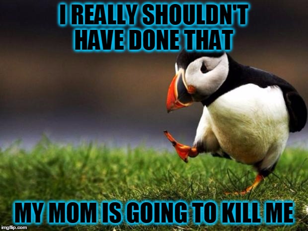 Unpopular Opinion Puffin | I REALLY SHOULDN'T HAVE DONE THAT; MY MOM IS GOING TO KILL ME | image tagged in memes,unpopular opinion puffin | made w/ Imgflip meme maker
