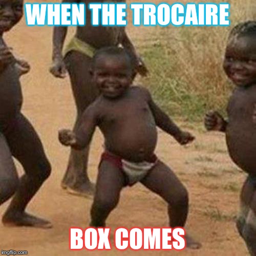 Third World Success Kid | WHEN THE TROCAIRE; BOX COMES | image tagged in memes,third world success kid | made w/ Imgflip meme maker