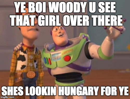 X, X Everywhere Meme | YE BOI WOODY U SEE THAT GIRL OVER THERE; SHES LOOKIN HUNGARY FOR YE | image tagged in memes,x x everywhere | made w/ Imgflip meme maker