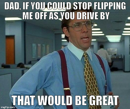 That Would Be Great Meme | DAD, IF YOU COULD STOP FLIPPING ME OFF AS YOU DRIVE BY THAT WOULD BE GREAT | image tagged in memes,that would be great | made w/ Imgflip meme maker
