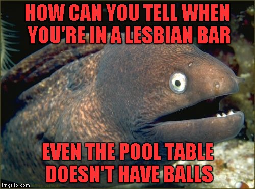 Bad Joke Eel | HOW CAN YOU TELL WHEN YOU'RE IN A LESBIAN BAR; EVEN THE POOL TABLE DOESN'T HAVE BALLS | image tagged in memes,bad joke eel | made w/ Imgflip meme maker