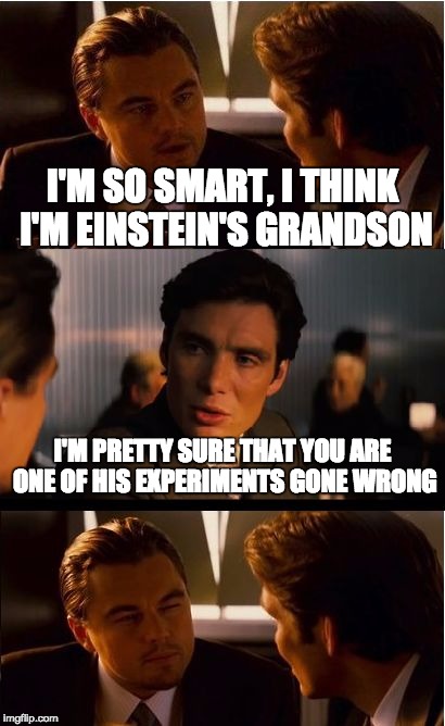 Experiments gone wrong | I'M SO SMART, I THINK I'M EINSTEIN'S GRANDSON; I'M PRETTY SURE THAT YOU ARE ONE OF HIS EXPERIMENTS GONE WRONG | image tagged in memes,inception | made w/ Imgflip meme maker