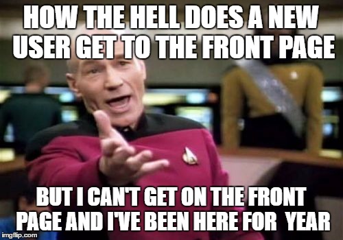 HOW THE HELL DOES A NEW USER GET TO THE FRONT PAGE BUT I CAN'T GET ON THE FRONT PAGE AND I'VE BEEN HERE FOR  YEAR | image tagged in memes,picard wtf | made w/ Imgflip meme maker