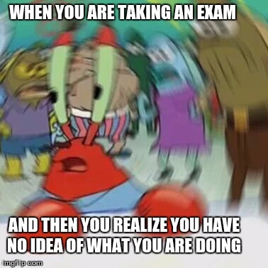 krabs blurred  | WHEN YOU ARE TAKING AN EXAM; AND THEN YOU REALIZE YOU HAVE NO IDEA OF WHAT YOU ARE DOING | image tagged in krabs blurred | made w/ Imgflip meme maker