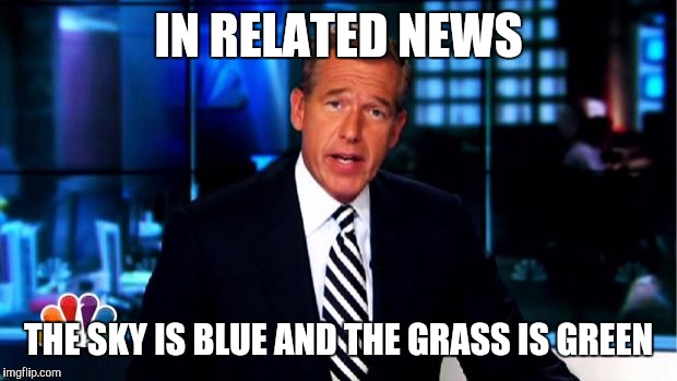 News Anchor | IN RELATED NEWS; THE SKY IS BLUE AND THE GRASS IS GREEN | image tagged in news anchor | made w/ Imgflip meme maker