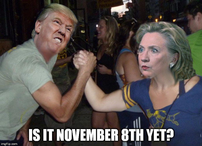 Donald and Hillary | IS IT NOVEMBER 8TH YET? | image tagged in funny memes,donald trump,hillary clinton,president 2016,presidential race,special kind of stupid | made w/ Imgflip meme maker