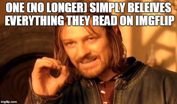 One Does Not Simply Meme | ONE (NO LONGER) SIMPLY BELEIVES EVERYTHING THEY READ ON IMGFLIP | image tagged in memes,one does not simply | made w/ Imgflip meme maker