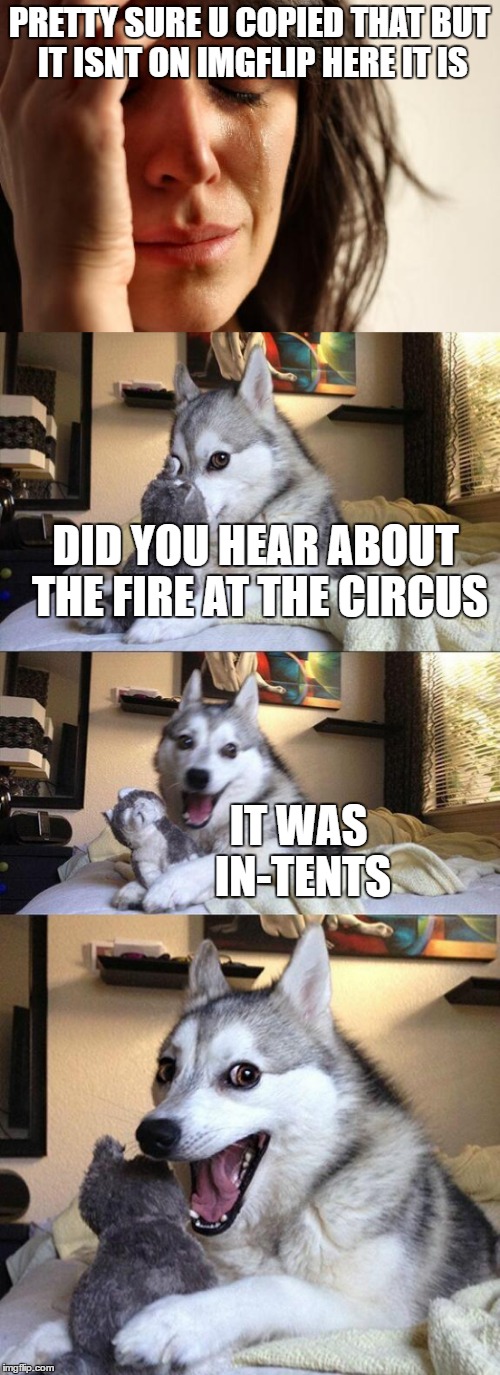 PRETTY SURE U COPIED THAT BUT IT ISNT ON IMGFLIP HERE IT IS DID YOU HEAR ABOUT THE FIRE AT THE CIRCUS IT WAS IN-TENTS | made w/ Imgflip meme maker