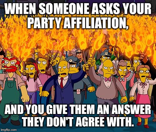 angry mob | WHEN SOMEONE ASKS YOUR PARTY AFFILIATION, AND YOU GIVE THEM AN ANSWER THEY DON'T AGREE WITH. | image tagged in angry mob | made w/ Imgflip meme maker