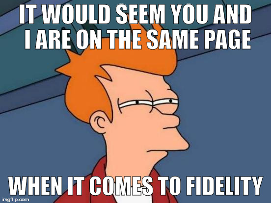 Futurama Fry Meme | IT WOULD SEEM YOU AND I ARE ON THE SAME PAGE WHEN IT COMES TO FIDELITY | image tagged in memes,futurama fry | made w/ Imgflip meme maker
