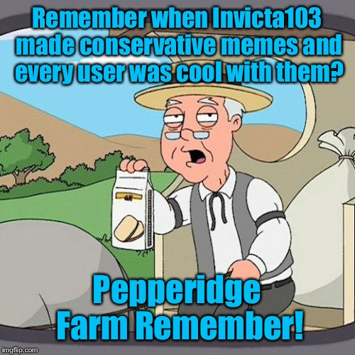 Invicta103 Taught Me A Lot About How He Viewed Politics, In A Kind And Friendly Matter. Not Too Many Users Do That Anymore… |  Remember when Invicta103 made conservative memes and every user was cool with them? Pepperidge Farm Remember! | image tagged in memes,pepperidge farm remembers,invicta103,conservative,politics,what happened | made w/ Imgflip meme maker