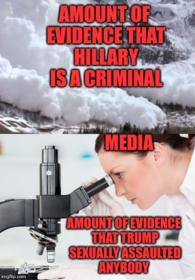 If you can't smell it by now..... |  AMOUNT OF EVIDENCE THAT HILLARY IS A CRIMINAL; MEDIA; AMOUNT OF EVIDENCE THAT TRUMP SEXUALLY ASSAULTED ANYBODY | image tagged in media bias,donald trump,hillary clinton,crookedhillary,hillary emails,wikileaks | made w/ Imgflip meme maker