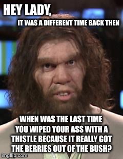 HEY LADY, IT WAS A DIFFERENT TIME BACK THEN WHEN WAS THE LAST TIME YOU WIPED YOUR ASS WITH A THISTLE BECAUSE IT REALLY GOT THE BERRIES OUT O | made w/ Imgflip meme maker