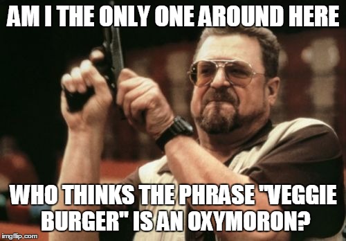 Am I The Only One Around Here Meme | AM I THE ONLY ONE AROUND HERE; WHO THINKS THE PHRASE "VEGGIE BURGER" IS AN OXYMORON? | image tagged in memes,am i the only one around here | made w/ Imgflip meme maker