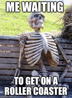 Waiting Skeleton Meme | ME WAITING; TO GET ON A ROLLER COASTER | image tagged in memes,waiting skeleton | made w/ Imgflip meme maker