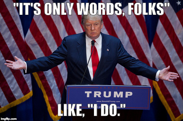 Donald Trump | "IT'S ONLY WORDS, FOLKS"; LIKE, "I DO." | image tagged in donald trump | made w/ Imgflip meme maker