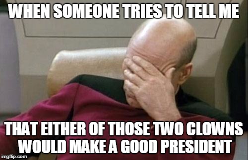 Captain Picard Facepalm Meme | WHEN SOMEONE TRIES TO TELL ME THAT EITHER OF THOSE TWO CLOWNS WOULD MAKE A GOOD PRESIDENT | image tagged in memes,captain picard facepalm | made w/ Imgflip meme maker