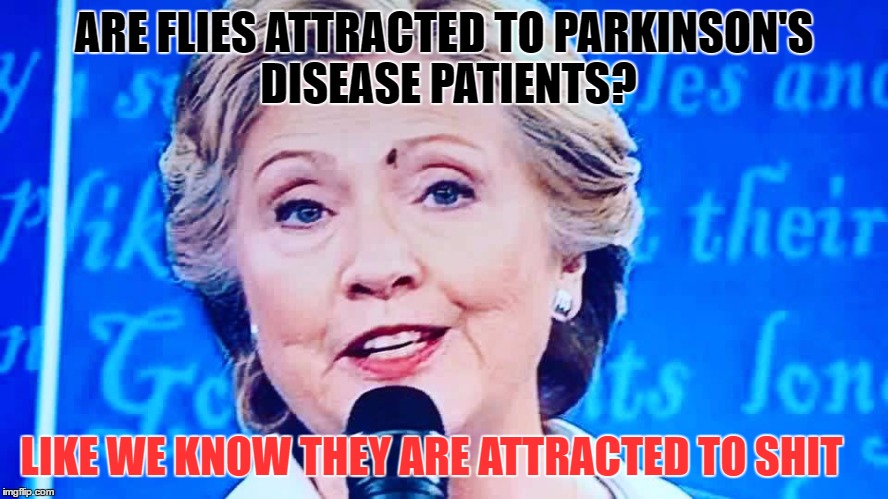 Mrs Parkinson  | ARE FLIES ATTRACTED TO PARKINSON'S DISEASE PATIENTS? LIKE WE KNOW THEY ARE ATTRACTED TO SHIT | image tagged in hillay shit fly,parkinson's,disease,hillary clinton 2016,hillary emails,trump | made w/ Imgflip meme maker