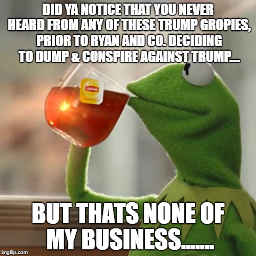 But That's None Of My Business | DID YA NOTICE THAT YOU NEVER HEARD FROM ANY OF THESE TRUMP GROPIES, PRIOR TO RYAN AND CO. DECIDING TO DUMP & CONSPIRE AGAINST TRUMP.... BUT THATS NONE OF MY BUSINESS....... | image tagged in memes,but thats none of my business,kermit the frog | made w/ Imgflip meme maker