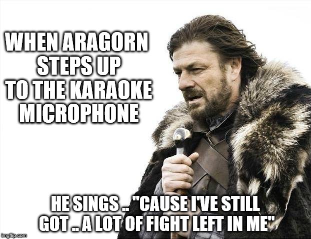 Brace Yourselves X is Coming | WHEN ARAGORN STEPS UP TO THE KARAOKE MICROPHONE; HE SINGS .. "CAUSE I'VE STILL GOT .. A LOT OF FIGHT LEFT IN ME" | image tagged in memes,brace yourselves x is coming | made w/ Imgflip meme maker