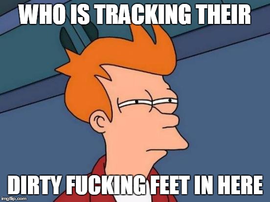 Futurama Fry Meme | WHO IS TRACKING THEIR DIRTY F**KING FEET IN HERE | image tagged in memes,futurama fry | made w/ Imgflip meme maker