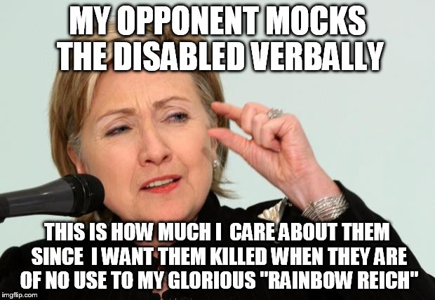 Hillary Clinton Fingers | MY OPPONENT MOCKS THE DISABLED VERBALLY; THIS IS HOW MUCH I  CARE ABOUT THEM SINCE  I WANT THEM KILLED WHEN THEY ARE OF NO USE TO MY GLORIOUS "RAINBOW REICH" | image tagged in hillary clinton fingers | made w/ Imgflip meme maker