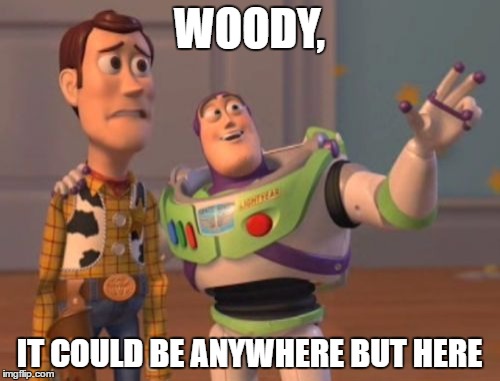 X, X Everywhere Meme | WOODY, IT COULD BE ANYWHERE BUT HERE | image tagged in memes,x x everywhere | made w/ Imgflip meme maker