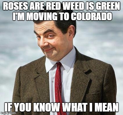  ( ͡° ͜ʖ ͡°) | ROSES ARE RED WEED IS GREEN I'M MOVING TO COLORADO; IF YOU KNOW WHAT I MEAN | image tagged in mr bean,weed,420 blaze it | made w/ Imgflip meme maker