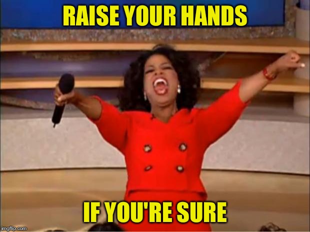 Reminded me of those old Sure antiperspirant ads.  | RAISE YOUR HANDS; IF YOU'RE SURE | image tagged in memes,oprah you get a | made w/ Imgflip meme maker