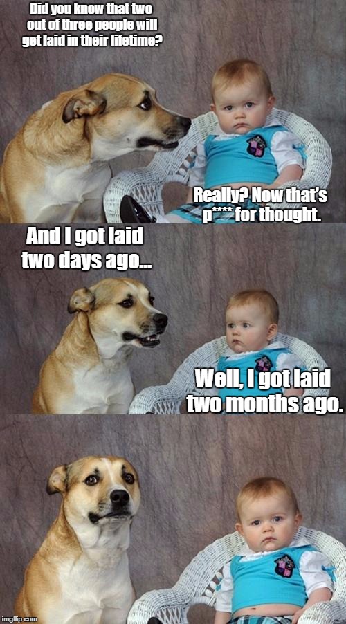 Dad Joke Dog | Did you know that two out of three people will get laid in their lifetime? Really? Now that's p**** for thought. And I got laid two days ago... Well, I got laid two months ago. | image tagged in memes,dad joke dog | made w/ Imgflip meme maker