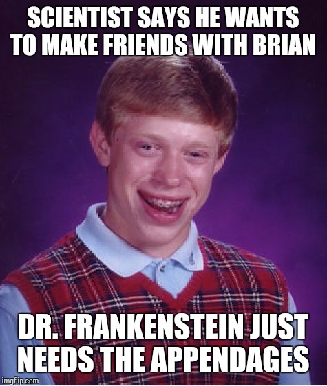 Bad Luck Brian Meme | SCIENTIST SAYS HE WANTS TO MAKE FRIENDS WITH BRIAN; DR. FRANKENSTEIN JUST NEEDS THE APPENDAGES | image tagged in memes,bad luck brian | made w/ Imgflip meme maker